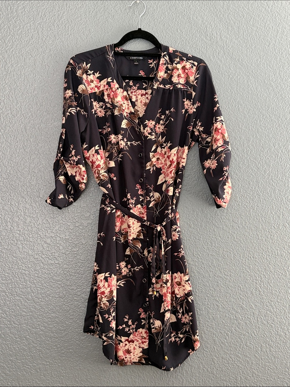 Hawthorn Charming Floral Button-Front Black Dress with Tie Waist